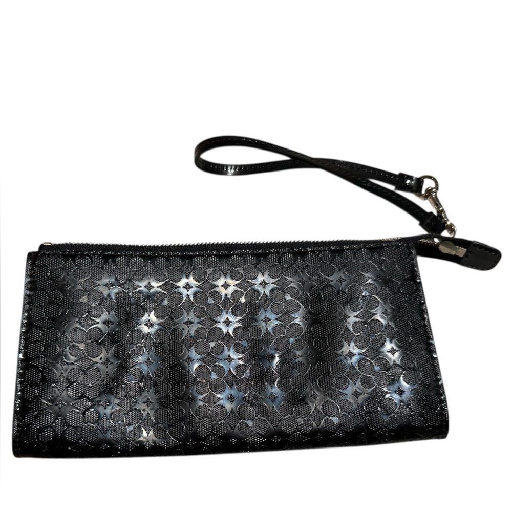 Coach Black Embossed Signature Zip Up Wristlet